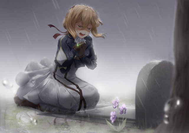 ilustrasi karakter anime Violet Evergarden yang menangisi kepergian Mayor Gilbert. Sumber (https://pixabay.com/id/illustrations/violet-evergarden-gadis-menangis-5966061/)
