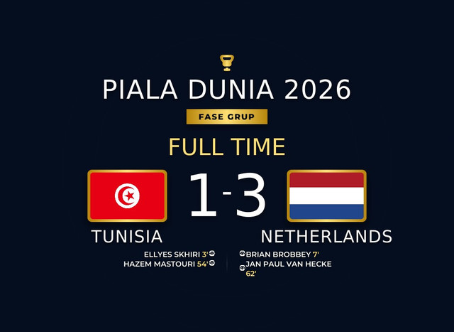 Hasil Piala Dunia 2026: Belanda Tekuk Tunisia 3-1