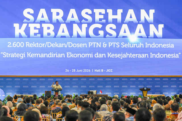Presiden Prabowo Subianto memberi sambutan saat pembukaan Konvensi Sains, Teknologi, dan Industri Indonesia (KSTI) di Jakarta, Jumat (26/6/2026). Foto: ANTARA FOTO/Galih Pradipta