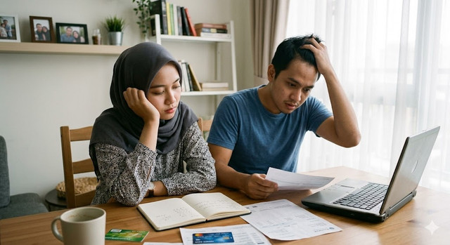 Foto ini menggambarkan sepasang muda-mudi yang tampak cemas dan kebingungan saat menghadapi tumpukan dokumen keuangan — terlihat laporan tagihan, buku catatan keuangan, kartu kredit, dan laptop di atas meja. Ekspresi keduanya mencerminkan tekanan dan kegelisahan, yang relevan sebagai ilustrasi situasi sengketa atau permasalahan pembagian harta bersama yang kerap dialami pasangan pranikah ketika hubungan mereka berakhir sebelum pernikahan terlaksana./Pexels