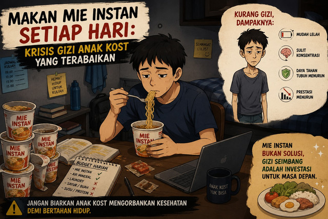 Gambar ini mengilustrasikan: kebiasaan anak kost yang mengonsumsi mie instan setiap hari sebagai solusi praktis, tetapi berisiko menyebabkan krisis gizi akibat kurangnya asupan nutrisi yang dibutuhkan tubuh.(sumber: gemini AI)