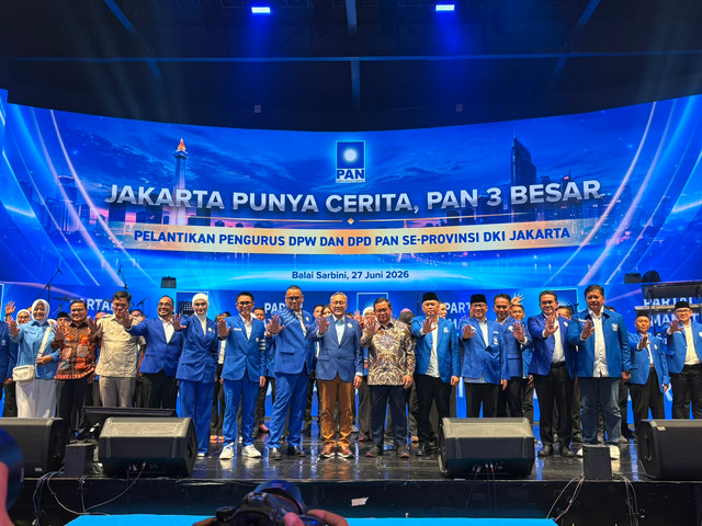 Pelantikan pengurus Dewan Pimpinan Wilayah (DPW) PAN DKI Jakarta beserta jajaran Dewan Pimpinan Daerah (DPD) PAN se-DKI Jakarta periode 2024-2029 di Balai Sarbini, Jakarta, Sabtu (27/6/2026). Foto: Jeni Ritanti/kumparan