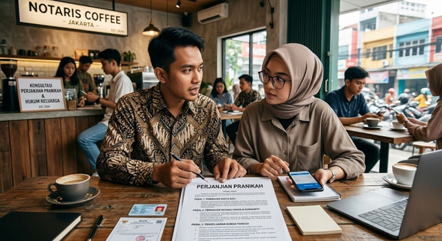 Ilustrasi diskusi terbuka mengenai perencanaan finansial dan hukum sebelum melangkah ke jenjang pernikahan.(Gambar dibuat oleh AI)