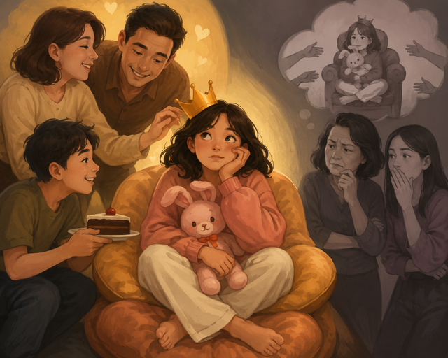Ilustrasi tentang stereotip anak bontot yang sering dianggap manja, serta perbedaan antara persepsi masyarakat dan kenyataan yang mereka alami. (Sumber: Ilustrasi AI)