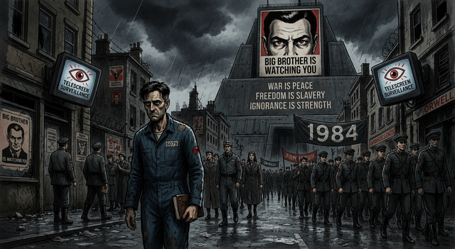 Ilustrasi AI yang menggambarkan atmosfer pengawasan dan kontrol narasi yang terinspirasi dari novel Nineteen Eighty-Four karya George Orwell. (Ilustrasi dibuat menggunakan ChatGPT Image Generation berdasarkan konsep penulis)