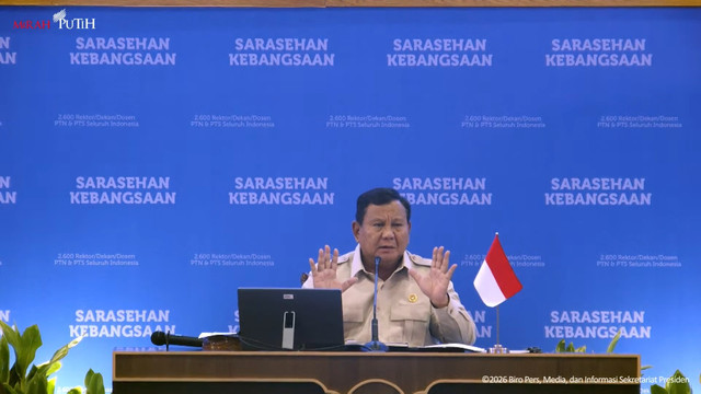 Presiden Prabowo Subianto memberikan sambutan penutupan Sarasehan Kebangsaan di JCC, Senayan, Jakarta, Minggu (28/6/2026). Foto: YouTube/ Sekretariat Presiden
