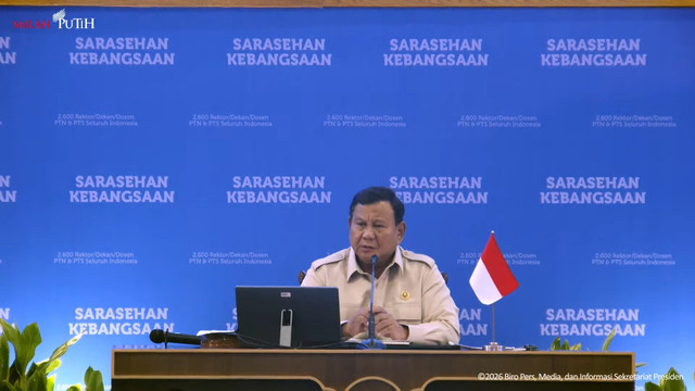 Presiden Prabowo Subianto memberikan sambutan penutupan Sarasehan Kebangsaan di JCC, Senayan, Jakarta, Minggu (28/6/2026). Foto: YouTube/ Sekretariat Presiden