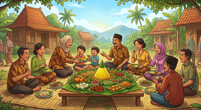 Ilustrasi tradisi bancakan. Sumber: Google AI