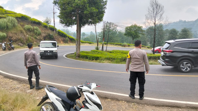 Petugas Polsek Ciwidey saat mendatangi lokasi dan melakukan pengecekan terhadap dugaan parkir liar di Perkebunan Teh Rancabali, Ciwidey, Kabupaten Bandung. Foto: Dok. Polsek Ciwidey