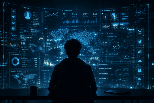 Di balik layar digital, setiap aktivitas manusia meninggalkan jejak data yang dapat dianalisis oleh algoritma. Ilustrasi ini menggambarkan hubungan manusia dan teknologi yang semakin dekat, sekaligus menghadirkan pertanyaan tentang sejauh mana manusia masih memiliki kendali atas pilihannya sendiri.