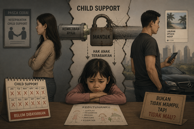 Ilustrasi "child support" yang mandek pasca cerai. Dibuat oleh penulis dibantu oleh AI 