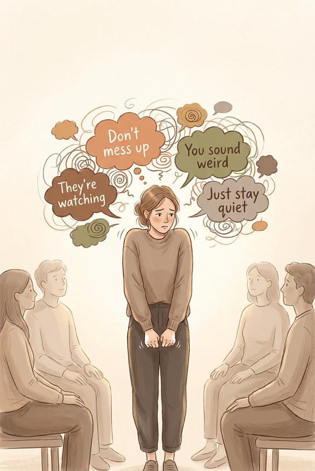 ilustrasi seorang introvert yang sedang mencoba berekspresi didepan banyak orang Sumber: https://id.pinterest.com/pin/233694668161922193/