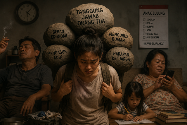 Ilustrasi seorang anak sulung perempuan yang memikul beban ekonomi, pengasuhan adik, dan tanggung jawab keluarga yang seharusnya menjadi peran orang tua.Sumber: Ilustrasi dibuat menggunakan ChatGPT (OpenAI AI Image Generator), 2026.