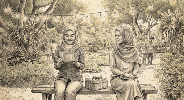 Sketsa dua perempuan berkerudung di bangku taman, menggambarkan momen ulang tahun ke-27 yang sunyi, sekaligus awal mula terbangunnya ikatan emosional di antara dua orang yang awalnya saling asing.                                                                                                                                                                             Gambar ilustrasi ini dibuat sendiri diaplikasi gemini.