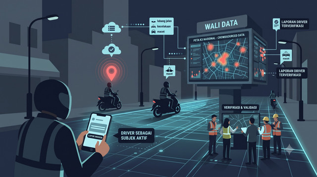 Ilustrasi: Gambar dibuat menggunakan AI yang menggambarkan Driver Online yang tidak hanya sebagai objek tetapi juga sebagai subjek dalam Satu Peta K3 di Jalan Raya 
