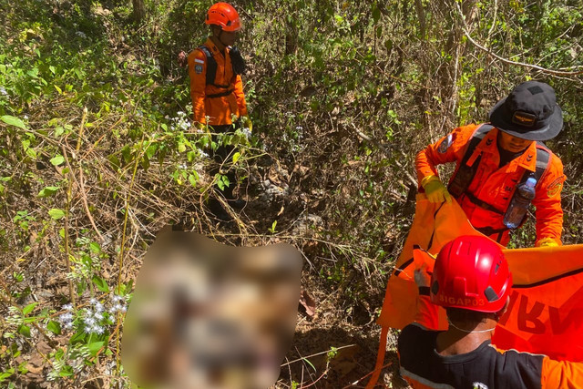 Petugas SAR Yogyakarta mengevakuasi jenazah Mbah Bajiyo yang ditemukan meninggal dunia di Hutan Selorejo, Gunungkidul, Selasa (30/6/2026). Foto: Kantor SAR Yogyakarta