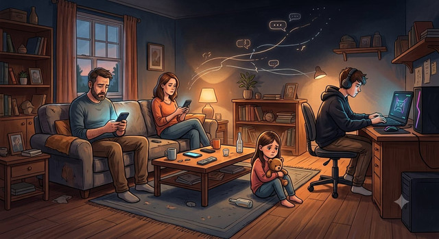 Ilustrasi Komunikasi Keluarga dan Tantangan Keharmonisan di Era Modern (Ilustrasi dibuat oleh AI)