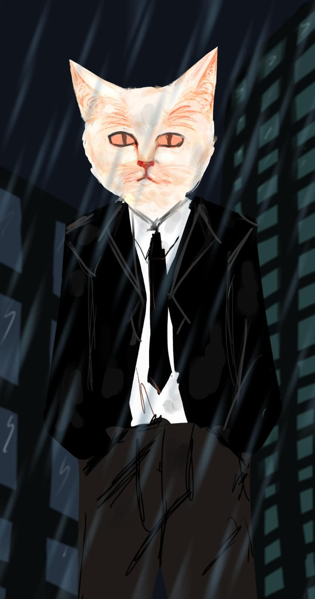 Ilustrasi: masyarakat urban berkepala kucing dengan backround gedung yang juga menjadi korban kapitalis modern. Sumber: Anabita Diara Syakila. Karya orisinal, dibuat khusus untuk artikel ini. Hak cipta milik ilustrator.