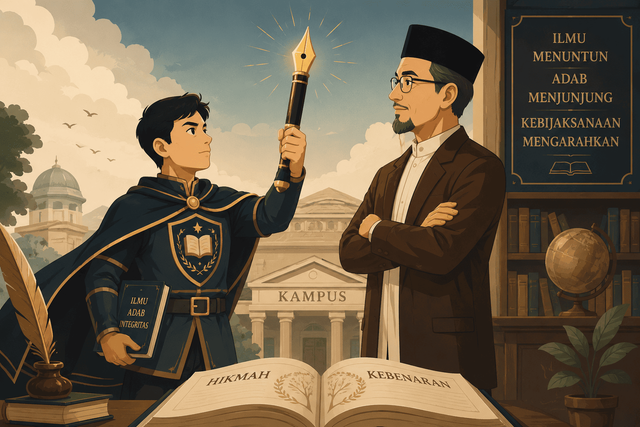 Ilustrasi seorang mahasiswa berjubah kesatria menghunus pena di hadapan seorang guru, melambangkan keberanian berpikir kritis yang tetap dijaga dengan adab. (Ilustrasi dibuat oleh AI)
