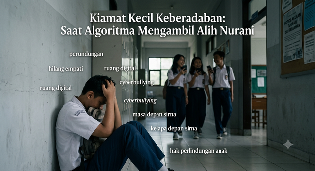 Gambar ini mengilustrasikan dampak nyata perundungan, menampilkan seorang siswa yang tertekan di lorong sekolah sebagai simbol hancurnya kesehatan mental korban. Di latar belakang, siswa lain yang sibuk dengan gawai mencerminkan fenomena cyberbullying dan pengikisan empati di era digital. Istilah-istilah yang tertera menegaskan pentingnya hak perlindungan anak agar masa depan mereka tidak sirna akibat kekerasan lingkungan. Sumber : AI