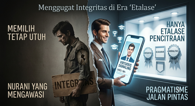 Gambar ini mengontraskan dua realitas moral modern: sisi kanan menampilkan pria yang memamerkan pencitraan digital (virtue signaling) demi popularitas instan, sementara sisi kiri menggambarkan perjuangan sunyi seseorang yang memilih tetap utuh menjaga nilai kejujuran dan integritas asli meskipun tanpa apresiasi publik. Sumber : AI