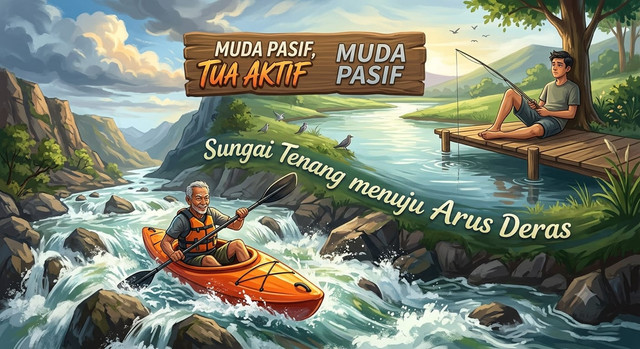 ilustrasi gambar seorang yang santai dimasa muda, dan berjuang dimasa tua, Foto: Generated by AI