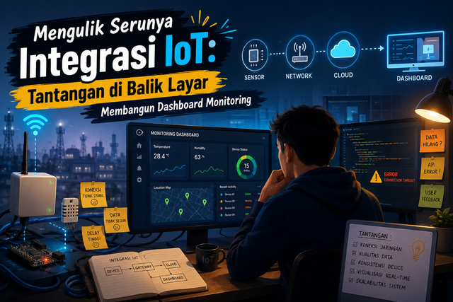 Ilustrasi kontras antara keindahan dashboard monitoring IoT dan rumitnya proses teknis para developer di balik layar. Foto: Generated by AI