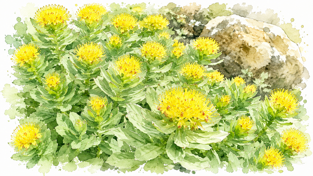 Ilustrasi rhodiola rosea manfaat kesehatan herbal Arktik adaptogen stres Soviet.Photo by GPT AI