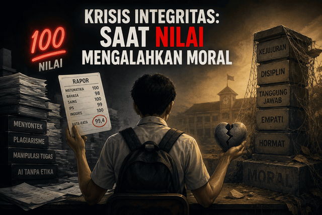 Ilustrasi krisis integritas dalam dunia pendidikan yang menunjukkan dominasi orientasi nilai akademik dibandingkan pembentukan karakter dan kejujuran. (Sumber: Dokumen Pribadi)