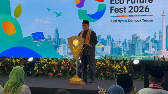 Gubernur DKI Jakarta Pramono Anung saat membuka Jakarta Eco Future Fest 2026 di Balai Kota DKI Jakarta, Jumat (3/7/2026). Foto: Nauval Pratama/kumparan