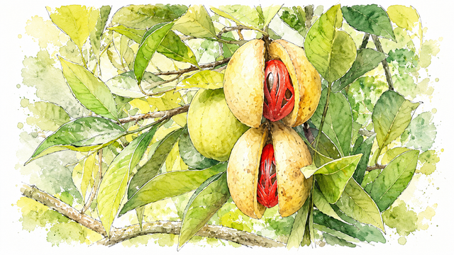 Ilustrasi buah pala Maluku manfaat daging buah perikarp Myristica fragrans.Photo by GPT AI