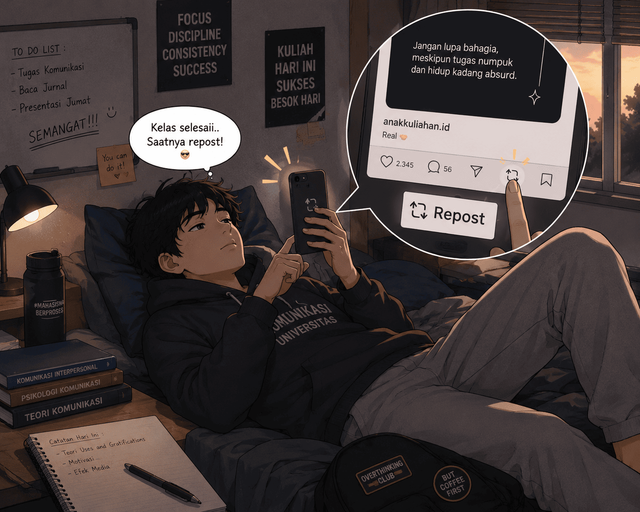 Ilustrasi mahasiswa yang sedang rebahan sambil menekan tombol repost setelah kelas selesai. (Sumber: Ilustrasi AI)