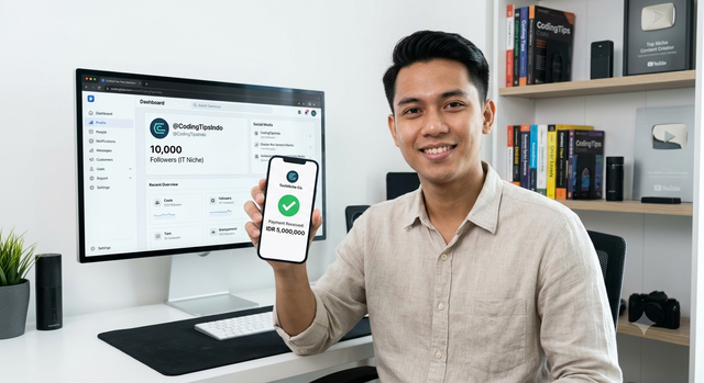 Ilustrasi Kreator sukses membangun personal branding di media sosial. dan mendatangkan cuan lewat akun media sosial yang fokus pada satu topik (niche) spesifik. (Foto: Ilustrasi/AI)