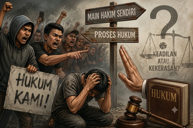 Ilustrasi ini menggambarkan fenomena main hakim sendiri yang mencerminkan menurunnya kepercayaan masyarakat terhadap penegakan hukum. Pesannya menegaskan bahwa keadilan harus ditegakkan melalui proses hukum, bukan oleh amarah massa.Sumber: GPT AI