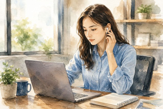 Ilustrasi seseorang menggunakan earphone dengan volume tinggi saat bekerja. Foto: Generated by AI.