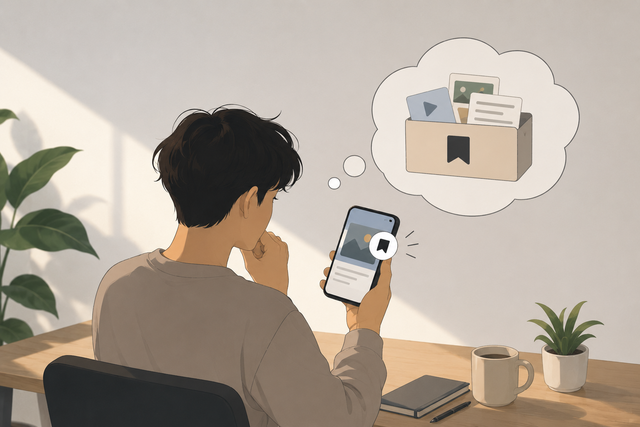 Ilustrasi seseorang sedang menyimpan konten edukasi di media sosial sebagai simbol kebiasaan mengoleksi informasi tanpa selalu mempelajarinya. (Sumber: Ilustrasi AI)