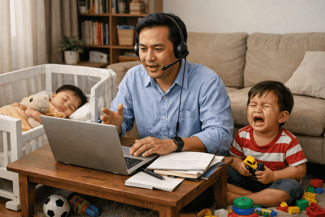 Ilustrasi kesibukan dosen mengajar daring di rumah (WFH) sambil mengurus anak-anak. (Sumber: Copilot)