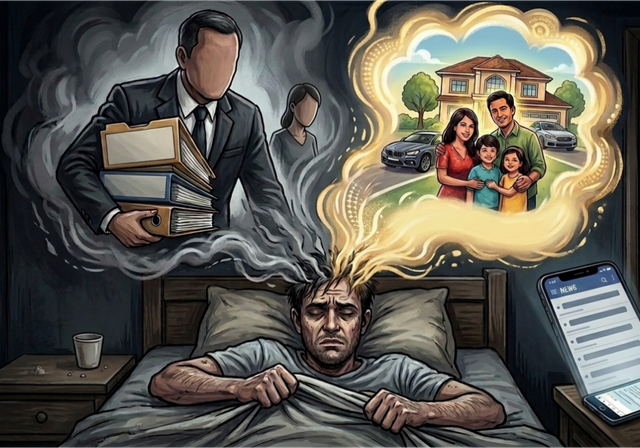 Ilustrasi Tekanan Hidup Fredy dan Mimpi Kehidupan yang Sempurna—Hasil Gambar Editan Pribadi Melalui Canva