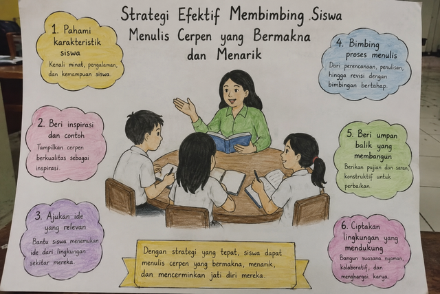 Gambar tersebut menunjukkan bahwa guru memiliki peran penting dalam membimbing siswa menulis cerpen melalui strategi yang tepat, seperti memahami karakteristik siswa, memberikan inspirasi, membimbing proses menulis, serta menciptakan lingkungan belajar yang mendukung. Dengan demikian, siswa dapat menghasilkan cerpen yang lebih kreatif, menarik, dan bermakna.