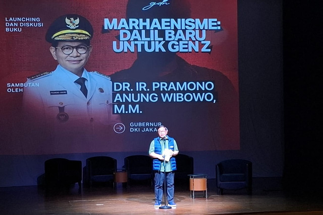 Gubernur DKI Jakarta Pramono Anung saat Memberikan Sambutan pada Launching dan Diskusi Buku "Marhaenisme: Dalil Baru untuk Gen Z di Taman Ismail Marjuki, Jakarta Pusat, Sabtu (4/6/2026). Foto: Rayyan Farhansyah/kumparan