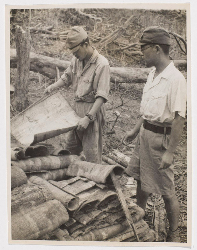 Tawanan Jepang menumpuk kulit kayu ke dalam sebuah tumpukan, Rempang, Oktober 1945. Sumber foto: National Army Museum, https://collection.nam.ac.uk/detail.php.