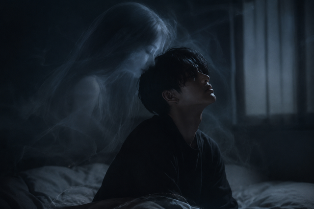 Ilustrasi AI yang memvisualisasikan sosok "ghost girl" sebagai metafora obsesi, kerinduan, dan keterikatan emosional yang mengikis identitas diri.