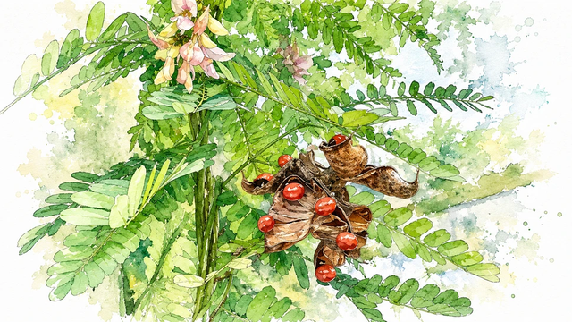 Ilustrasi biji saga racun abrin Abrus precatorius biji merah hitam berbahaya.Photo by GPT AI