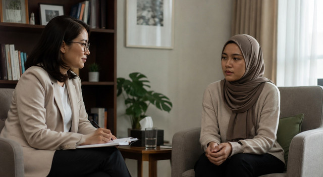 Seorang wanita berhijab sedang berkonsultasi dengan seorang Psikolog. Foto from AI
