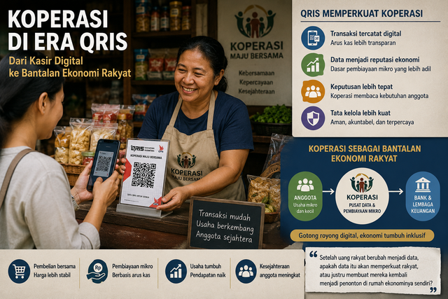 Ilustrasi QRIS yang memperkuat fungsi Koperasi. Foto generated by AI