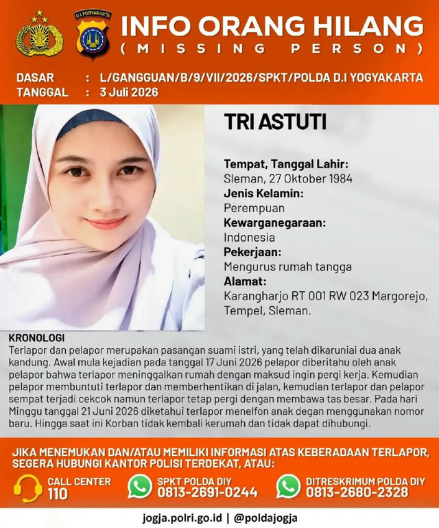 Info orang hilang bernama Tri Astuti. Foto: Instagram/ @poldajogja