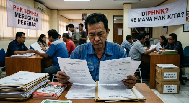 Deskripsi gambar seseorang yang di phk sepihak oleh perusahaan. Sumber gambar Gemini AI