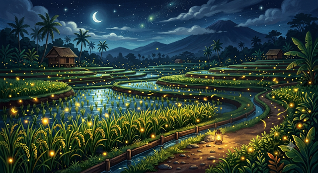 Ilustrasi kunang-kunang beterbangan di antara tanaman padi pada malam hari. Gambar ini dibuat menggunakan Gemini AI.