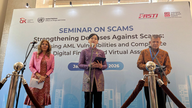 Suasana konferensi pers Seminar on Scams kolaborasi OJK dan UNODC di Jakarta Pusat, Senin (6/7/2026). Foto: Fariza Rizky Ananda/kumparan