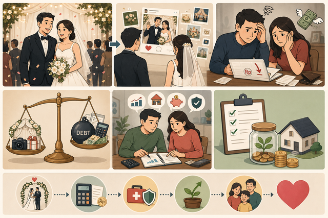 Pasangan pengantin yang menghadapi dilema antara kemeriahan pesta pernikahan dan tantangan keuangan setelah resepsi usai. Sumber: AI